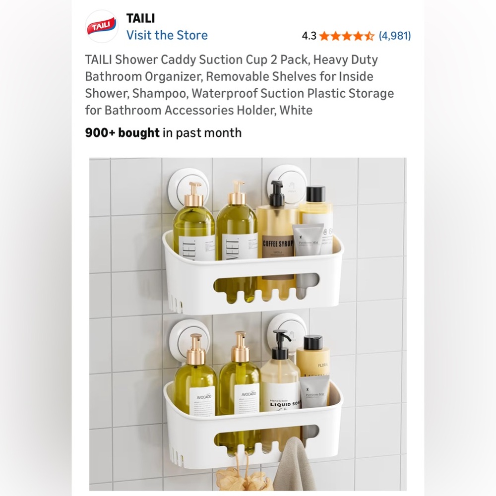 NIB Taili Shower Caddy Heavy Duty 2 Pack Bathroom Organizer Suction Cup Storage